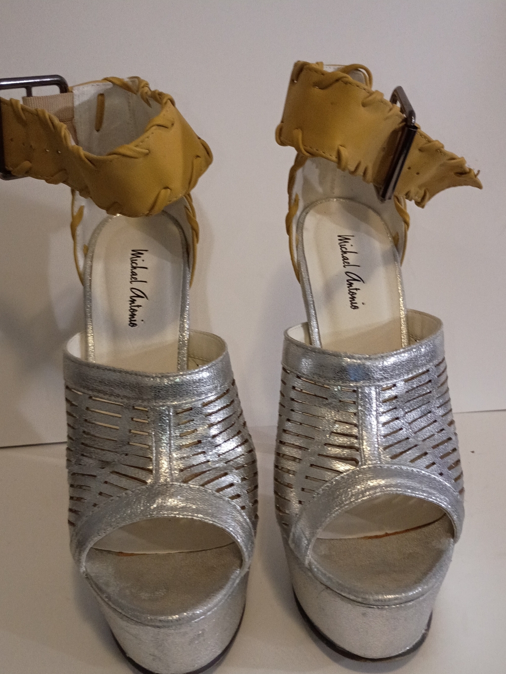 Michael Antonio Silver and Mustard Ankle-Strap Platform Sandals